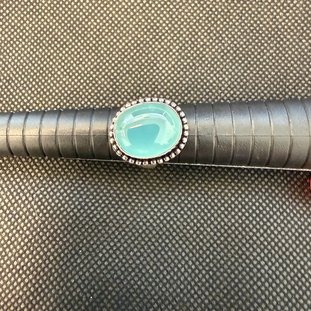 Oval Aqua Chalcedony Halo Ring - 925 sterling silver. Size 7